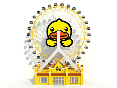 Fun Yellow Ferris Wheel Amusement Ride With Cartoon Duck And Yellow Building 3d model
