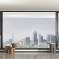 Floor to Ceiling Windows Offering City Skyline View in Modern Living Room with Teddy Bear
