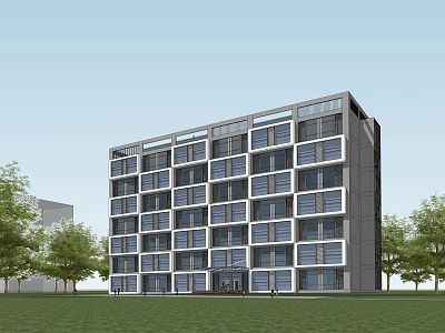 Modern Multi Story Office Building With Glass Windows And Green Lawn Trees 3d model