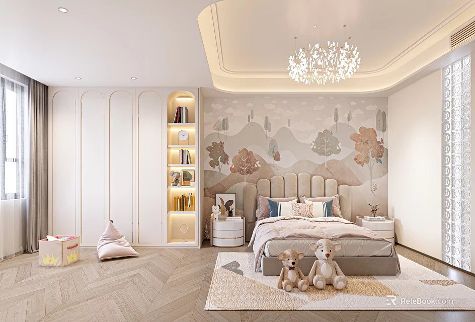 Cozy Kids Bedroom Design With Nature Mural Toy Storage And Chandelier 3d model 