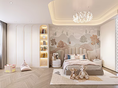 Cozy Kids Bedroom Design With Nature Mural Toy Storage And Chandelier 3d model
