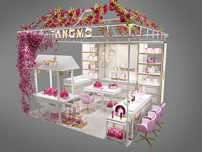 Fancy Boutique Interior Design With Pink Decor Floral Wreaths Display Counters And Seats 3d model