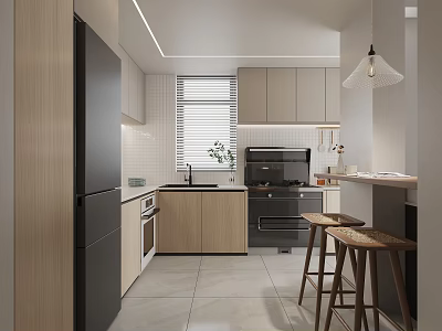 Modern Kitchen Interior Design With Wooden Cabinets Island Counter And Bar Stools 3d model