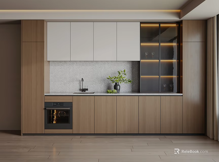 Modern Open Kitchen Sideboard Design With Wooden White Cabinets Glass Doors And Lighting 3d model 