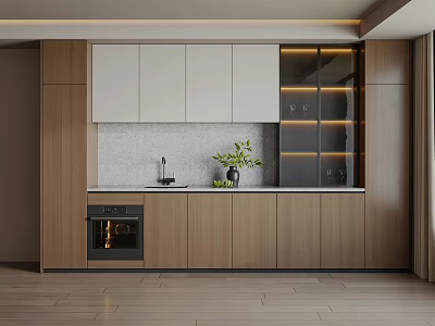 Modern Open Kitchen Sideboard Design With Wooden White Cabinets Glass Doors And Lighting 3d model