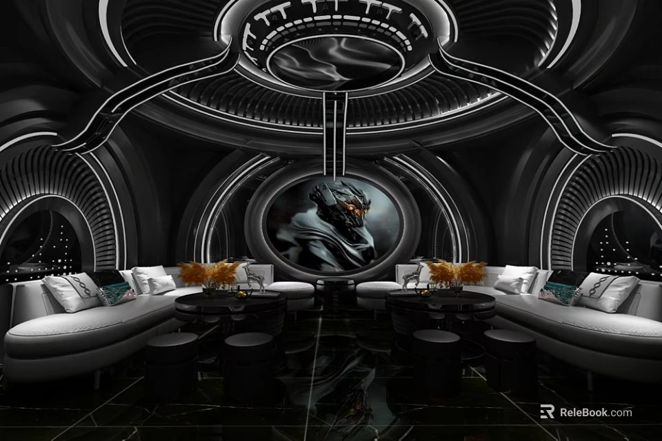 Modern KTV Lounge Interior With Stylish Sofas Circular Decorative Painting And Ambient Lighting 3d model 