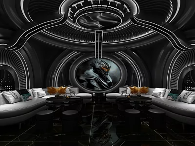 Modern KTV Lounge Interior With Stylish Sofas Circular Decorative Painting And Ambient Lighting 3d model