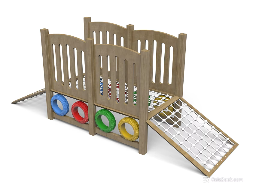Wooden Playground Equipment With Colorful Rings Climbing Ramp And Grid Panel 3d model 