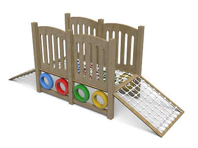 Wooden Playground Equipment With Colorful Rings Climbing Ramp And Grid Panel 3d model