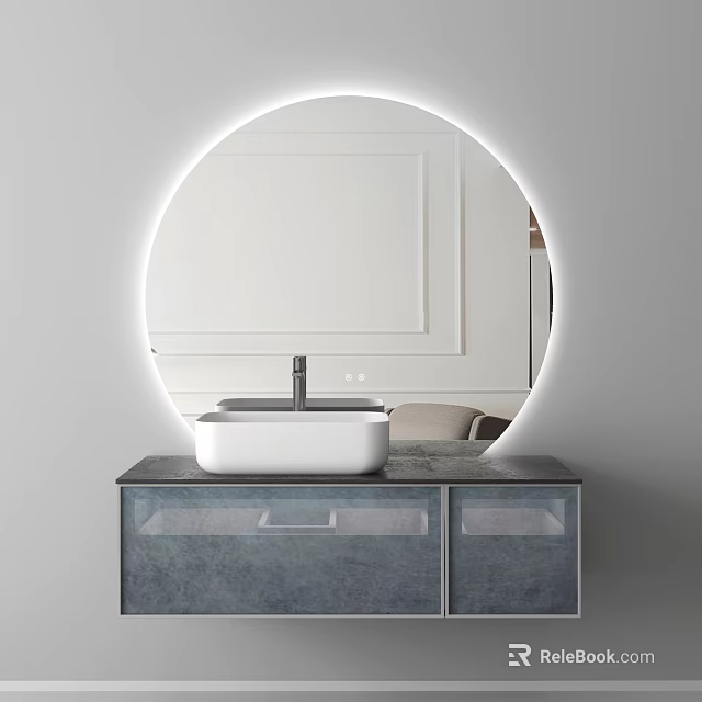Modern Bathroom Vanity With Round Backlit Mirror White Basin Black Countertop And Gray Cabinet 3d model 