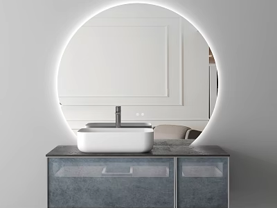 Modern Bathroom Vanity With Round Backlit Mirror White Basin Black Countertop And Gray Cabinet 3d model