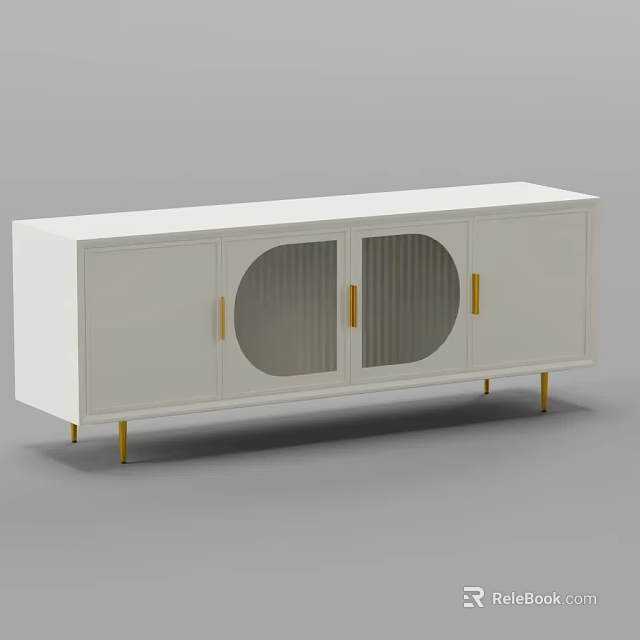 Elegant Modern White TV Stand With Gold Metal Legs And Round Glass Doors 3d model 