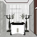 Modern Elevator Hallway With Gray Walls Patterned Carpet Artistic Chandeliers And Decorative Console Table 3d model