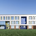 Modern School Building Exterior With White Blue Facade Glass Windows Wooden Elements And Green Lawn