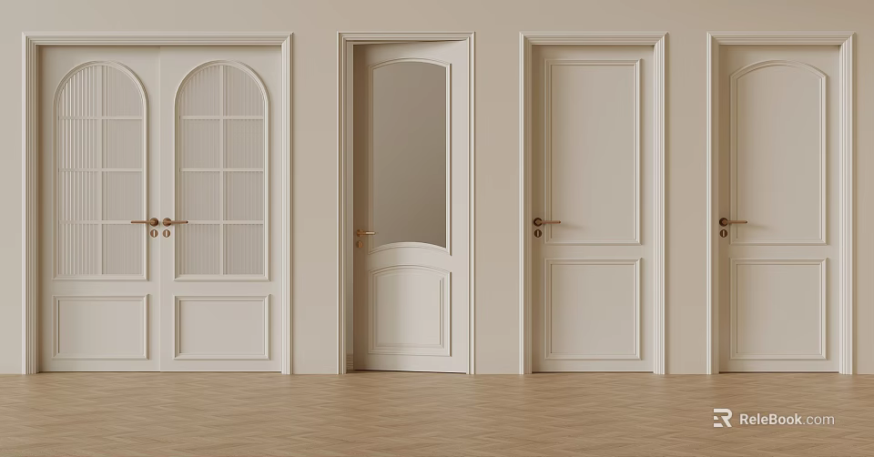 Stylish White Hinged Interior Doors Featuring Various Glass And Panel Designs 3d model 