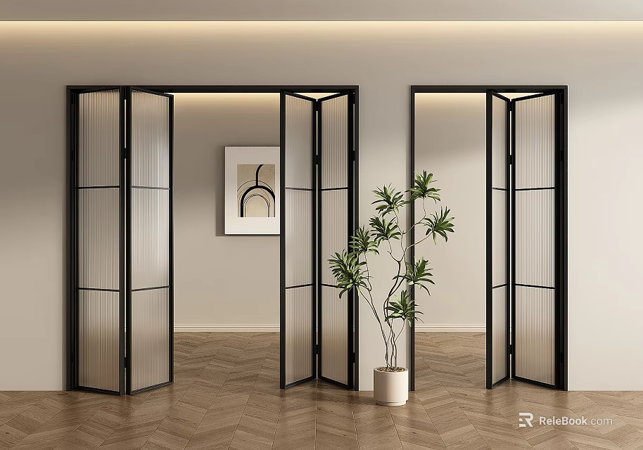 Modern Open Folding Doors With Black Frames Glass Panels And Green Plant 3d model 
