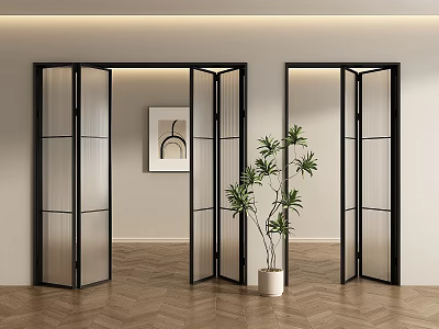 Modern Open Folding Doors With Black Frames Glass Panels And Green Plant 3d model