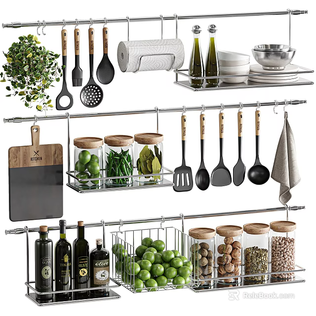 Hanging Spice Jars On Stainless Steel Kitchen Rack With Utensils And Storage 3d model 