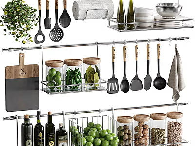 Hanging Spice Jars On Stainless Steel Kitchen Rack With Utensils And Storage 3d model