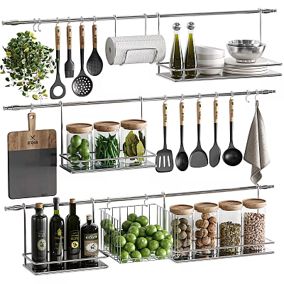 Hanging Spice Jars On Stainless Steel Kitchen Rack With Utensils And Storage 3d model