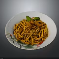 Delicious Yellow Noodles With Meat Slices And Green Leaf Garnish On White Floral Plate