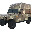 Camouflage Military Van With Boxy Body Design And Rugged Off Road Features
