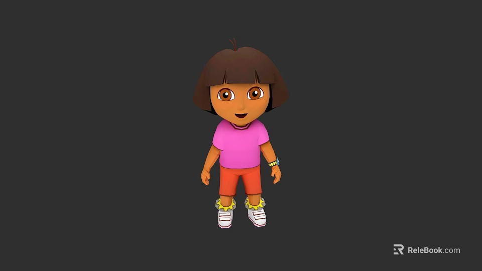 Cute Animated Girl With Brown Short Hair Pink Shirt Orange Shorts And White Shoes 3d model 