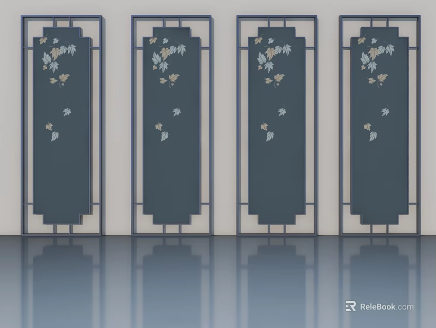 Decorative Panel Doors with Floral Butterfly Patterns Dark Blue Panels and Black Frames 3d model