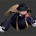 Anime Style Game Character With Long Orange Hair Black Hat And Navy Blue Striped Dress