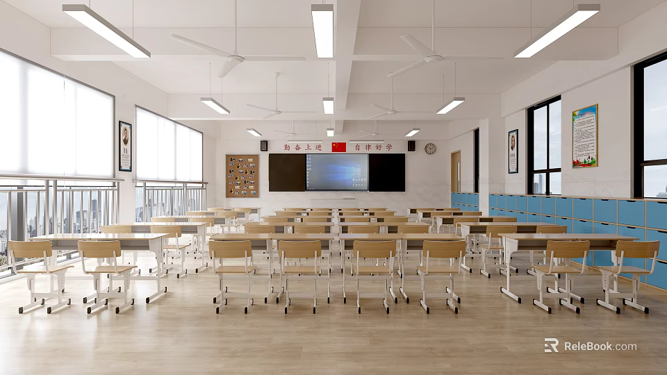 Bright Spacious School Classroom Interior With Neat Wooden Desks Chairs Blackboard And Large Windows 3d model 