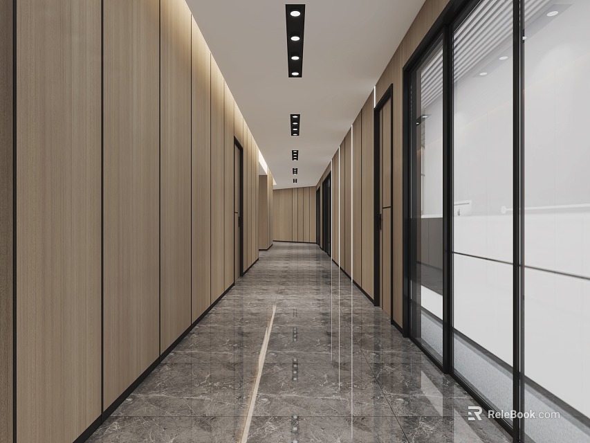 Modern Elevator Corridor With Wooden Panels And Marble Floor 3d model 