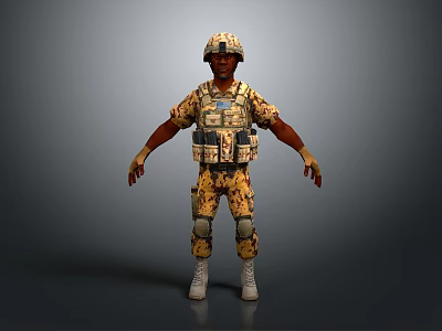 Game Movie Character Soldier In Camouflage Uniform With Tactical Gear Helmet Knee Pads White Boots 3d model