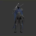 Man In Blue Armor With Cloak And Sword In Fantasy Style Standing