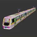 Modern White Tram With Yellow Stripes And Multiple Carriages On Reflective Surface 3d model