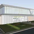 Modern Sales Office Building Featuring Glass Curtain Wall Spacious Entrance And Green Lawn