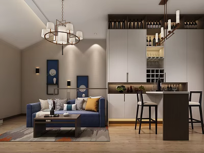 Modern Bar Area with Bar Stools White Cabinets and Chandeliers in Living Room 3d model