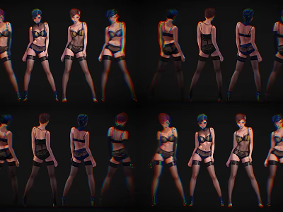 Woman in Lingerie and Stockings Posing in Various Styles Against Black Background 3d model
