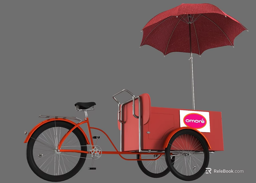 Orange Tricycle With Red Box Red Umbrella And Emjoy Logo Design 3d model 