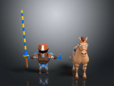 Character In Armor With Blue And Yellow Striped Spear Standing Next To Brown Horse 3d model