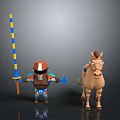 Character In Armor With Blue And Yellow Striped Spear Standing Next To Brown Horse