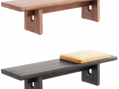 Wooden Bed End Bench In Walnut And Black With Yellow Cushion Design 3d model