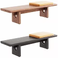 Wooden Bed End Bench In Walnut And Black With Yellow Cushion Design