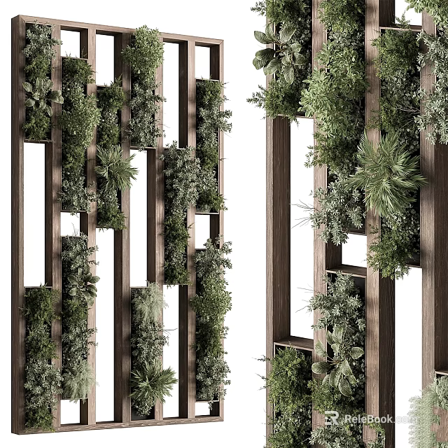 Stylish Indoor Green Plant Wall With Wooden Frame And Diverse Plants 3d model 