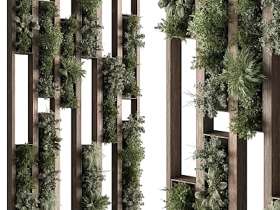 Stylish Indoor Green Plant Wall With Wooden Frame And Diverse Plants 3d model