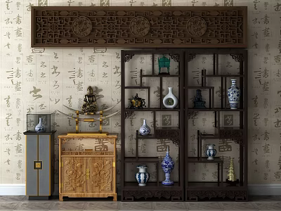 Traditional Chinese Curio Cabinet Interior With Vases Figurines And Decorative Antiques 3d model