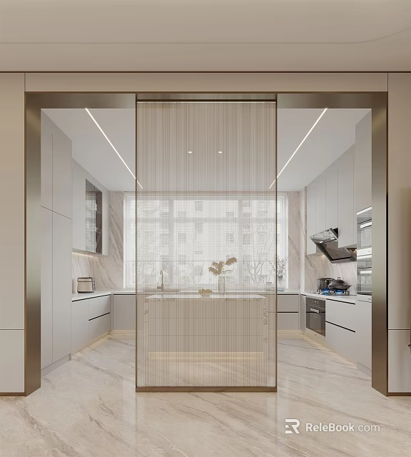 Modern Sleek Kitchen Interior With White Cabinets Island Counter Appliances And Natural Light 3d model 