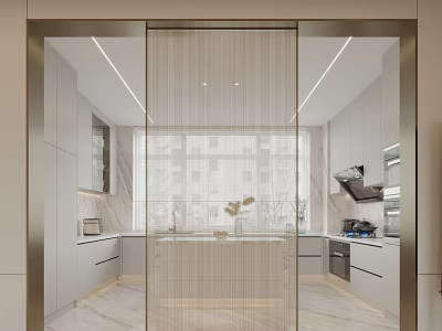 Modern Sleek Kitchen Interior With White Cabinets Island Counter Appliances And Natural Light 3d model