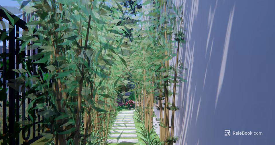 Serene Bamboo Garden Pathway With Stone Steps And Lush Green Plants 3d model 