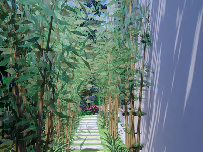 Serene Bamboo Garden Pathway With Stone Steps And Lush Green Plants 3d model
