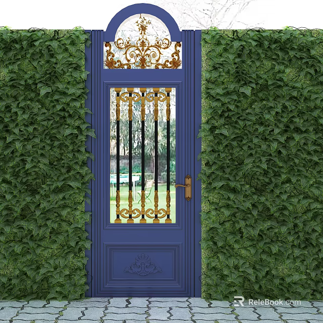 Blue Swing Door With Gold Decorative Iron Grille And Green Ivy Surroundings 3d model 